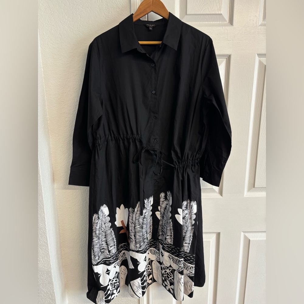 Beulah Style Black Asymmetrical Long Sleeve Belted Button Leaf
Midi Dress OS‎